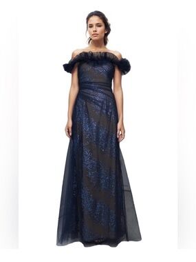 Rene Ruiz Off-Shoulder Navy Blue Glitter Evening Gown